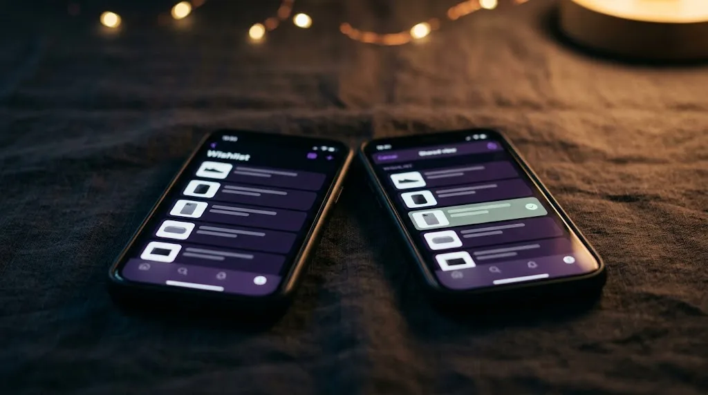 Twee telefoons naast elkaar met hetzelfde verlanglijstje, één item afgevinkt